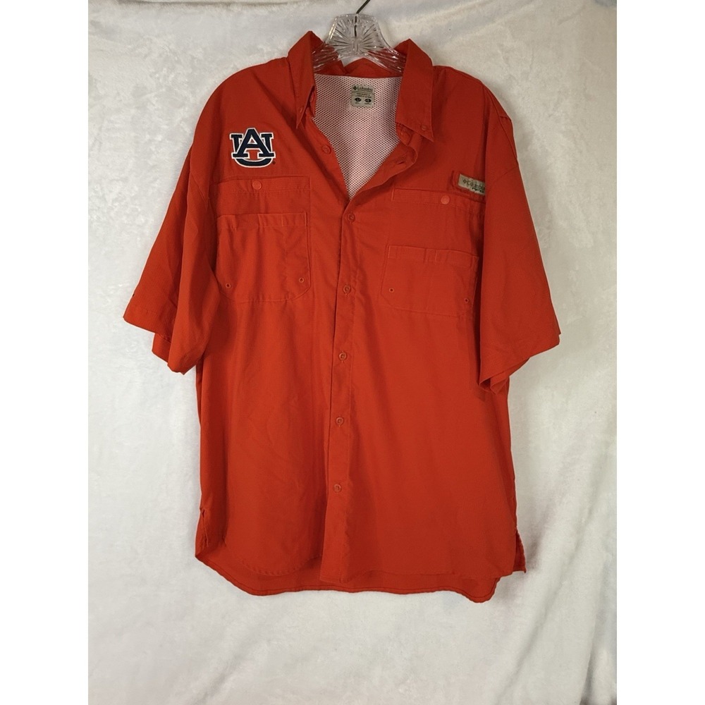 Columbia PFG Auburn Tigers Shirt L‎ Orange Fishing Vented NCAA Logo Short Sleeve